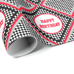 Stylish Motorsport Themed Black and White Check Wrapping Paper