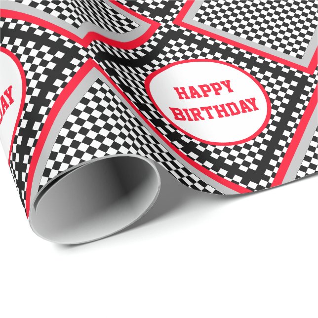 Stylish Motorsport Themed Black and White Check Wrapping Paper (Roll Corner)