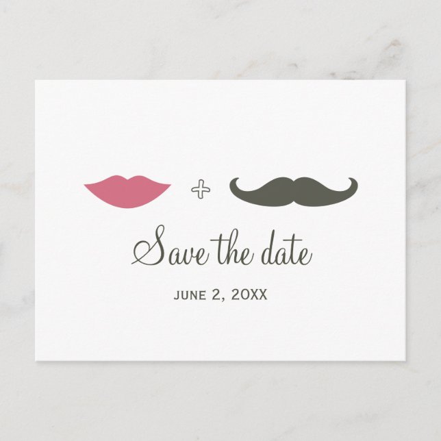 Stylish Moustache and Lips Save the Date Announcement Postcard (Front)