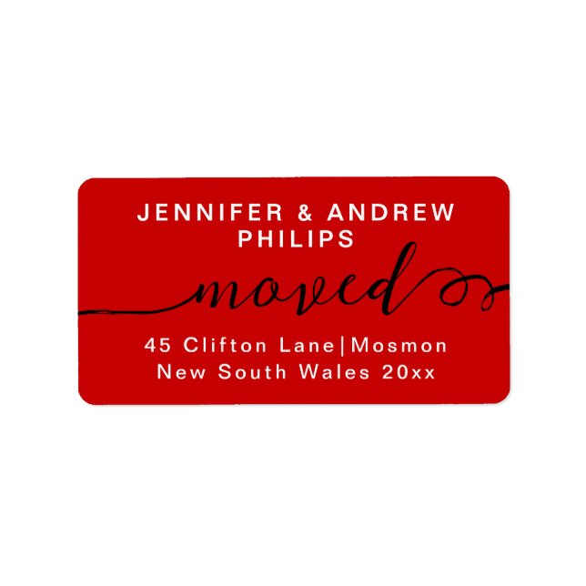 Stylish Moving New Address Cherry Red Calligraphy Label (Front)