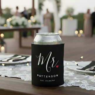 Stylish Mr. Custom Last Name & Date Wedding Can Cooler
