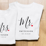Stylish Mr. Custom Last Name & Date Wedding T-Shirt<br><div class="desc">The perfect gift for any groom to be,  the fun and modern design features a stylish typography script "Mr." with cute little red love heart full stops. The design is easy to personalise with your surname and established date and will be the perfect keepsake from your special day.</div>