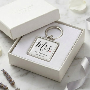 Stylish Mrs. Custom Last Name & Date Wedding Key Ring