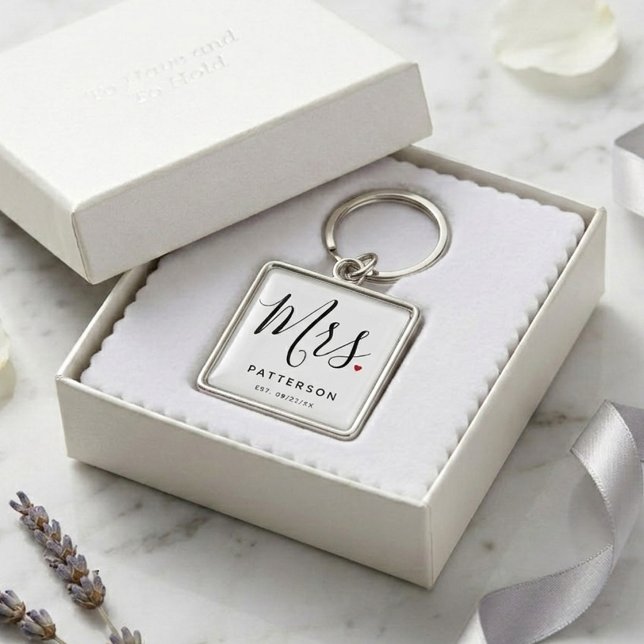 Stylish Mrs. Custom Last Name & Date Wedding Key Ring (Creator Uploaded)