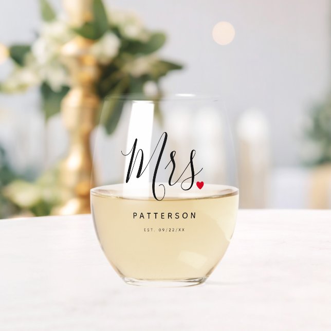 Stylish Mrs. Custom Last Name & Date Wedding Stemless Wine Glass (Insitu (Wedding))