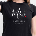 Stylish Mrs. Custom Last Name & Date Wedding T-Shirt<br><div class="desc">The perfect gift for any bride to be,  the fun and modern design features a stylish typography script "Mrs." with cute little red love heart full stops. The design is easy to personalise with your surname and established date and will be the perfect keepsake from your special day.</div>