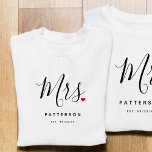 Stylish Mrs. Custom Last Name & Date Wedding T-Shirt<br><div class="desc">The perfect gift for any bride to be,  the fun and modern design features a stylish typography script "Mrs." with cute little red love heart full stops. The design is easy to personalise with your surname and established date and will be the perfect keepsake from your special day.</div>