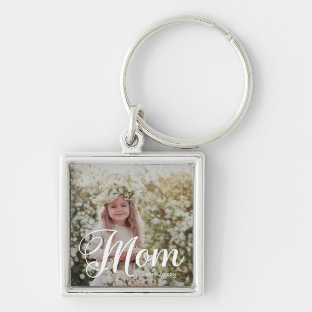 Stylish Mum Typography Photo and Name Keychain (Front)