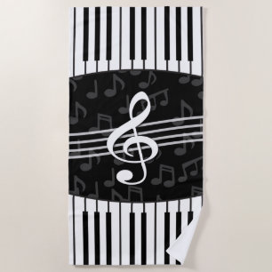 Stylish Music Notes Treble Clef and Piano Keys Beach Towel
