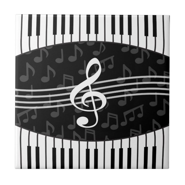 Stylish Music Notes Treble Clef and Piano Keys Ceramic Tile (Front)