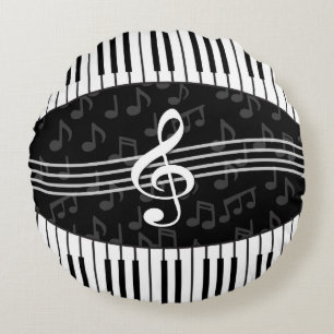 Stylish Music Notes Treble Clef and Piano Keys Round Cushion