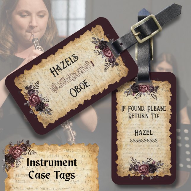 Stylish Music Student Oboe Instrument Case Tag (Stylish Oboe Gift Instrument Case Tag with customizable text & contact details.)