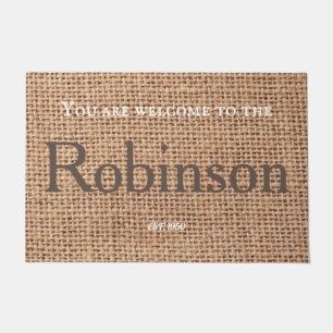 Stylish name brown farmhouse country burlap text   doormat