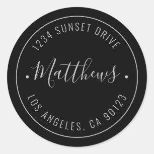 Stylish Name & Circular Text Black & Grey Classic Round Sticker