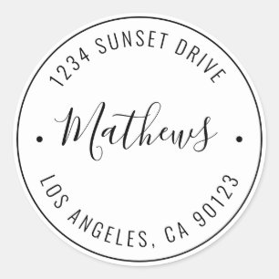 Stylish Name & Circular Text Black & White Classic Round Sticker