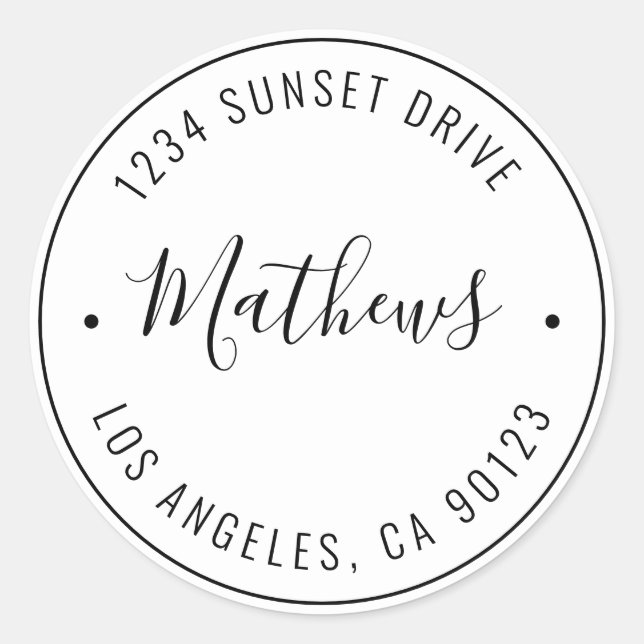 Stylish Name & Circular Text | Black & White Classic Round Sticker (Front)