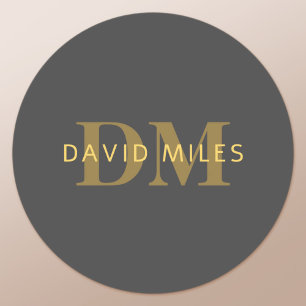 Stylish Name & Monogram Gold & Dark Gray Classic Round Sticker