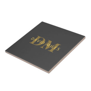 Stylish Name & Monogram   Gold & Dark Grey Ceramic Tile