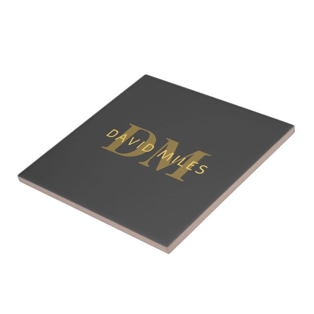 Stylish Name & Monogram | Gold & Dark Grey Ceramic Tile (Side)