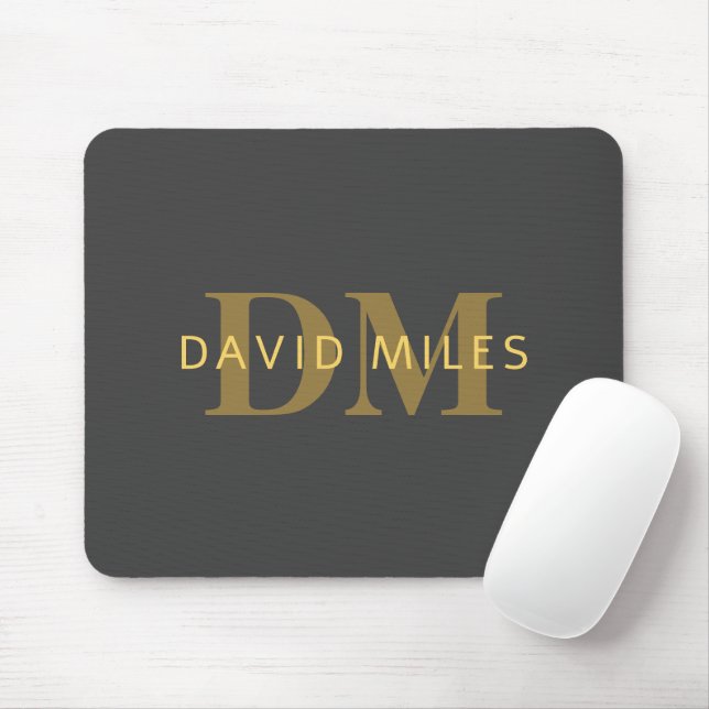 Stylish Name & Monogram | Gold & Dark Grey Mouse Pad (With Mouse)