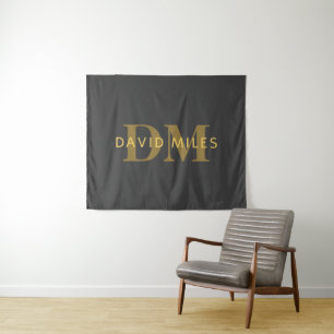 Stylish Name & Monogram   Gold & Dark Grey Tapestry