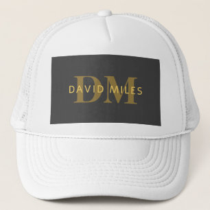 Stylish Name & Monogram Gold & Dark Grey Trucker Hat
