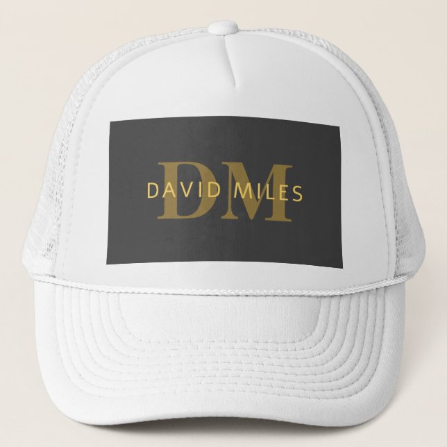Stylish Name & Monogram | Gold & Dark Grey Trucker Hat (Front)