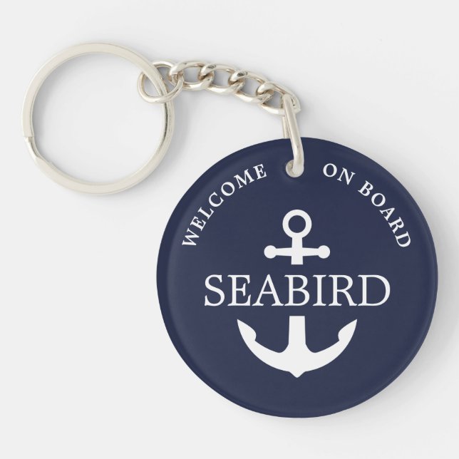 Stylish Nautical Anchor Navy Blue Custom Boat Name Key Ring (Front)