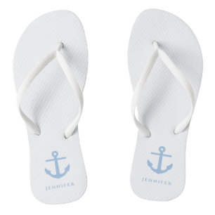 Stylish Nautical Blue Anchor Custom Name  Thongs