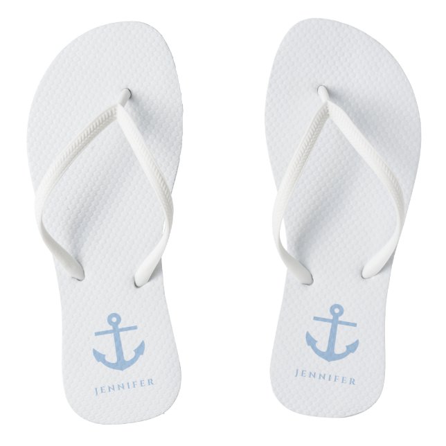 Stylish Nautical Blue Anchor Custom Name  Thongs (Footbed)