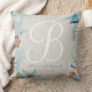 Stylish Nautical sand & blue summer Beach Wedding Cushion