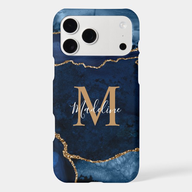 Stylish Navy Blue Agate Geode Gold Script Monogram (Back)