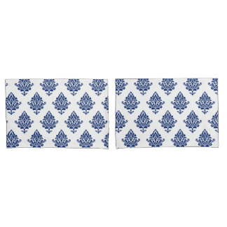 Stylish Navy Blue and White Damask Patterned Pillowcase