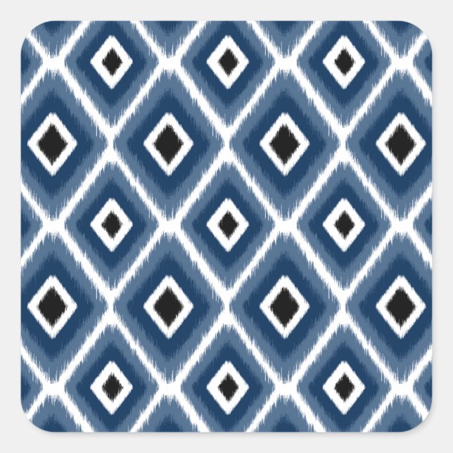 Stylish Navy Blue Black Ikat Pattern Square Sticker (Front)