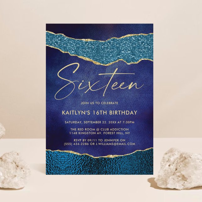 Stylish Navy Blue & Gold Agate 16th Birthday Invitation (Creator Uploaded)