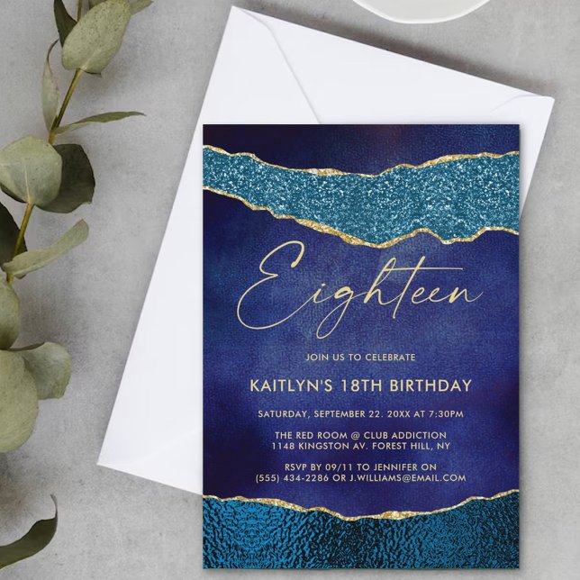 Stylish Navy Blue & Gold Agate 18th Birthday Invitation (Creator Uploaded)