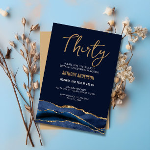 Stylish Navy Blue Gold Agate 30th Birthday Party Invitation