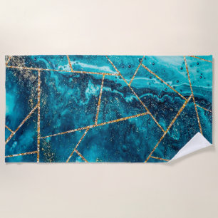 Stylish Navy Blue Gold Agate Geode Chic Monogram Beach Towel