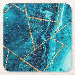 Stylish Navy Blue Gold Agate Geode Chic Monogram C Square Paper Coaster