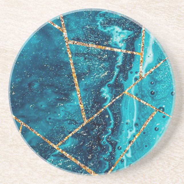Stylish Navy Blue Gold Agate Geode Chic Monogram Coaster (Front)