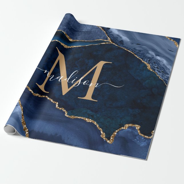 Stylish Navy Blue Gold Agate Geode Chic Monogram Wrapping Paper (Unrolled)