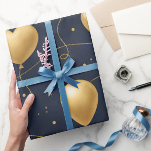 Stylish Navy Blue & Gold Balloons Birthday Wrapping Paper