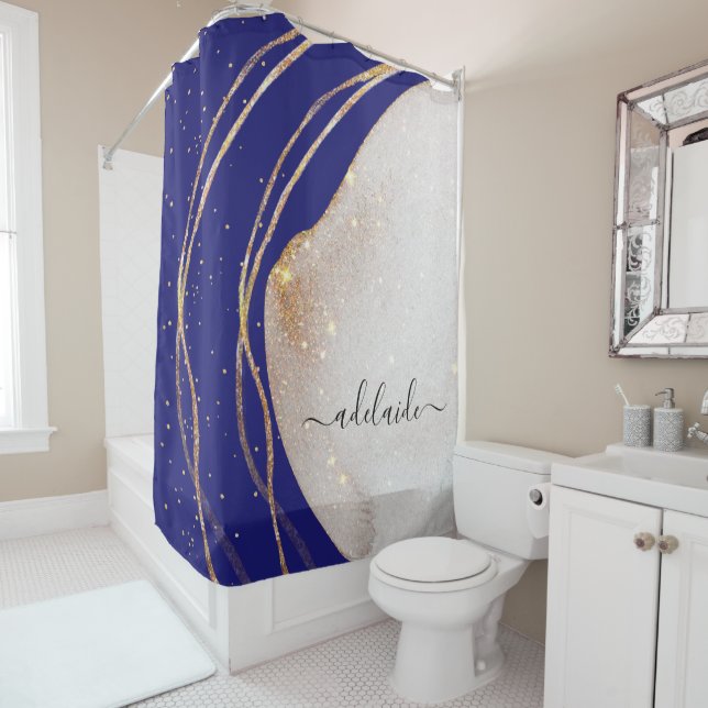 Stylish Navy Blue Gold Glitter Agate Chic Monogram Shower Curtain (In Situ)