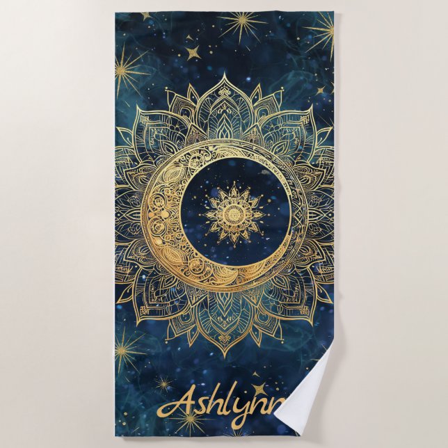 Stylish Navy Blue Gold Glitter Custom Sun Mandala  Beach Towel (Front)