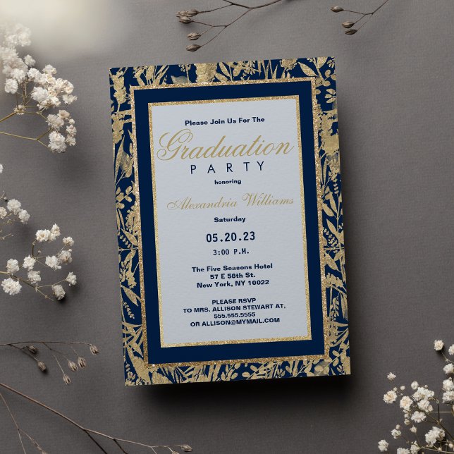 Stylish navy blue gold glitter floral Graduation Invitation (Stylish navy blue gold glitter floral Graduation Invitation )