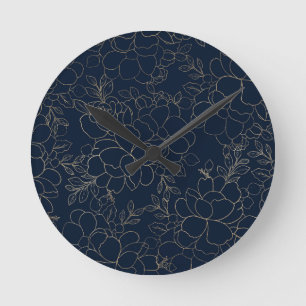 Stylish navy blue gold hand drawn floral round clock