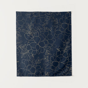 Stylish navy blue gold hand drawn floral tapestry