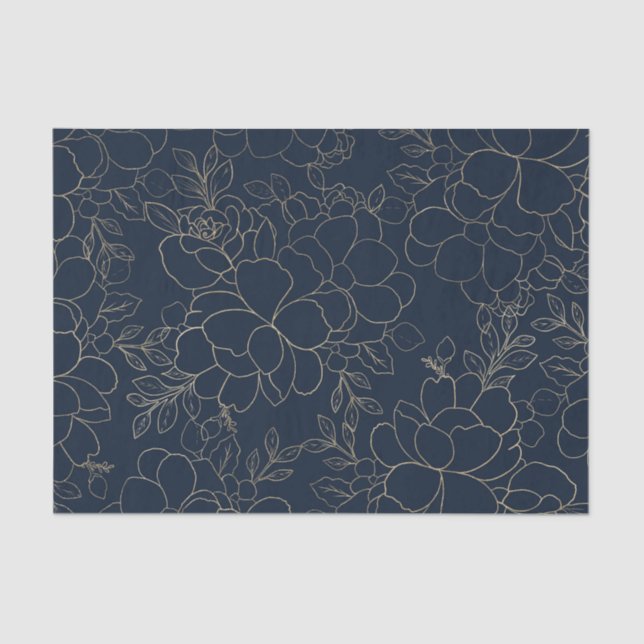 Stylish navy blue gold hand drawn floral tissue paper (Front)