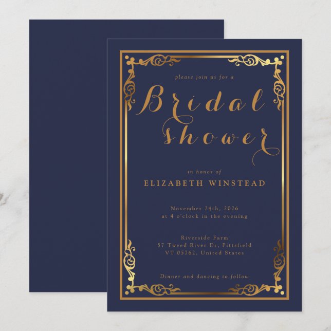 Stylish Navy Blue invite for a luxe bridal shower (Front/Back)