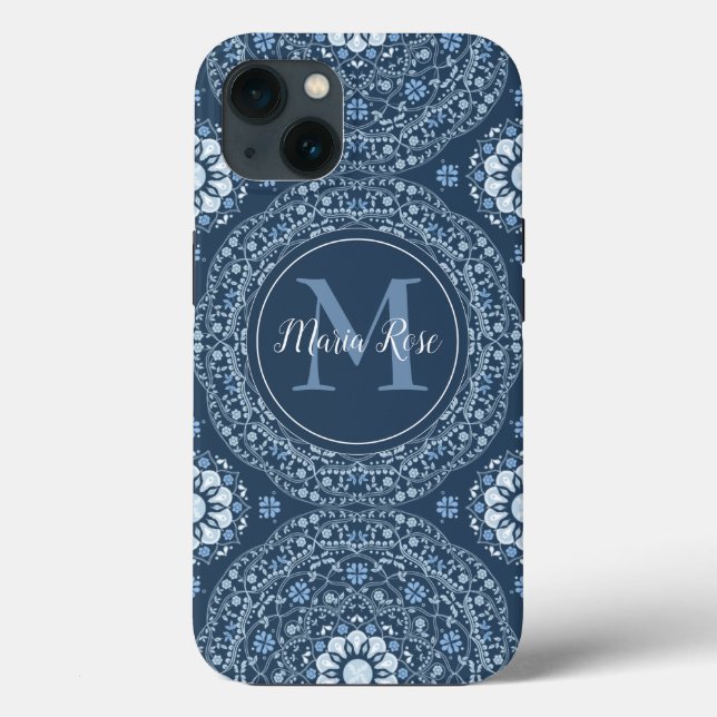 Stylish Navy Blue Mandala Modern Monogram Case-Mate iPhone Case (Back)